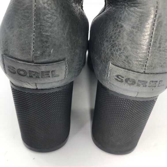 Sorel DANICA Gray Leather Zip Side Block Heel Chunky Moto Style Ankle Boots - Picture 13 of 16
